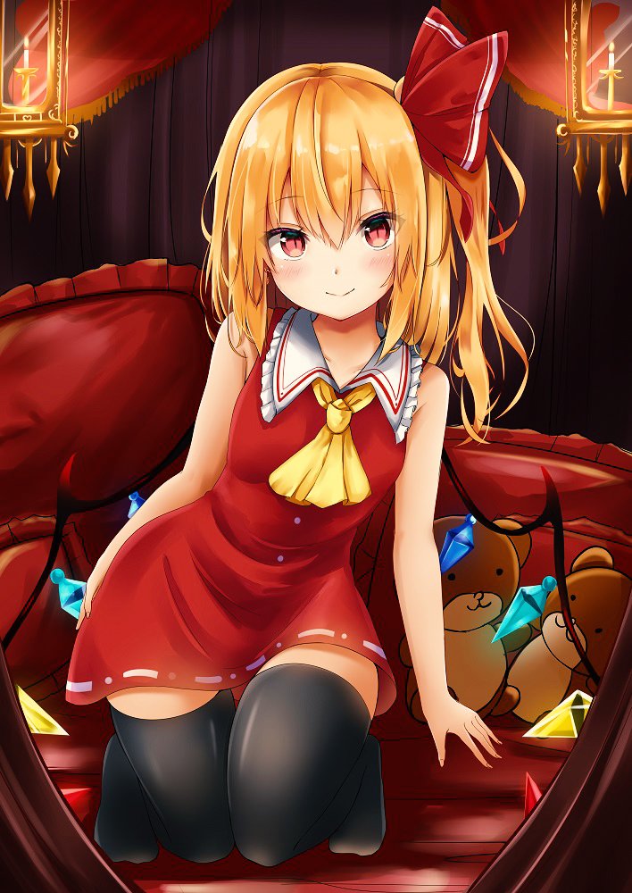 1girl adapted_costume ascot bangs bare_arms bare_shoulders black_legwear blonde_hair blush breasts candle commentary_request crystal curtains dress eyebrows_visible_through_hair flandre_scarlet frilled_shirt_collar frills full_body hair_between_eyes hair_ribbon indoors long_hair looking_at_viewer no_hat no_headwear no_shoes one_side_up pillow red_dress red_eyes red_ribbon renka_(cloudsaikou) ribbon short_dress sitting sleeveless sleeveless_dress small_breasts smile solo stuffed_animal stuffed_toy teddy_bear thighhighs thighs touhou wings yellow_neckwear zettai_ryouiki