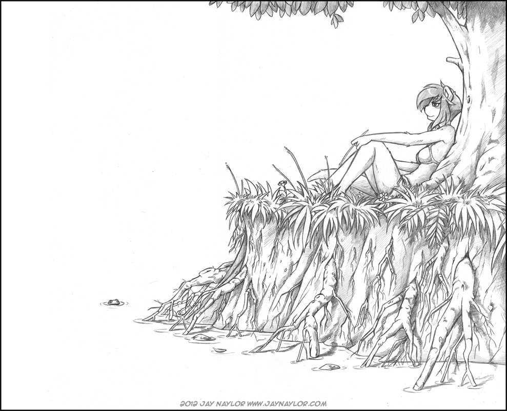 2012 anthro bra breasts clothed clothing conditional_dnp female flower fur graphite_(artwork) grass hair jay_naylor mammal mustelid otter pencil_(artwork) plant reclining red_(jay_naylor) shorts sitting solo traditional_media_(artwork) tree underwear url water