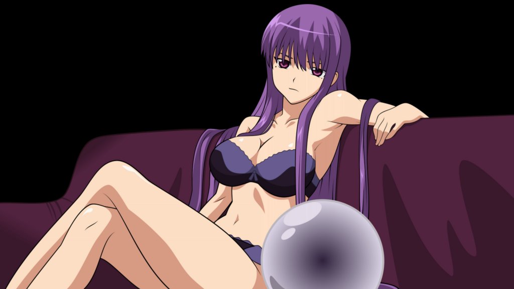 bra breasts cleavage crossed_legs etou_fujiko ichiban_ushiro_no_daimaou large_breasts legs_crossed lingerie long_hair navel nipple purple_eyes purple_hair sitting underwear