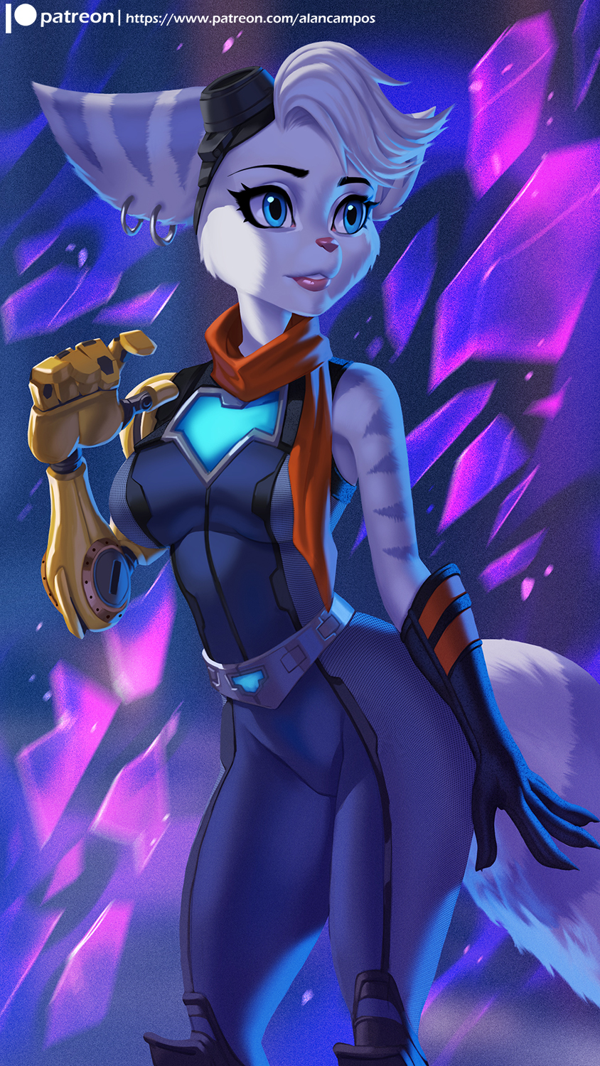 2022 alanscampos anthro blue_eyes clothed clothing digital_media_(artwork) ear_piercing eyebrows eyelashes female fingers hair hi_res lombax mammal mechanical_arm piercing prosthetic prosthetic_arm prosthetic_limb ratchet_and_clank rivet_(ratchet_and_clank) solo sony_corporation sony_interactive_entertainment text url video_games