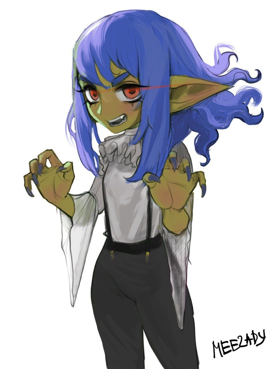 1girl black_pants blouse blue_hair blue_nails colored_skin eye_trail fang female_goblin fingernails goblin green_skin highres light_trail long_fingernails long_sleeves looking_at_viewer open_mouth original pants roxxxan shirt signature simple_background smile solo suspenders white_background white_shirt wide_sleeves