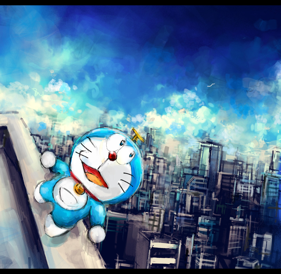 2018 anthro bell blue_body blue_fur blue_sky building city cityscape cloud collar day digital_media_(artwork) domestic_cat doraemon doraemon_(character) felid feline felis flying front_view fur machine male mammal mt_tg open_mouth pouch_(anatomy) red_collar red_nose robot shaded sky skyscraper solo take-copter tongue whiskers white_body white_fur