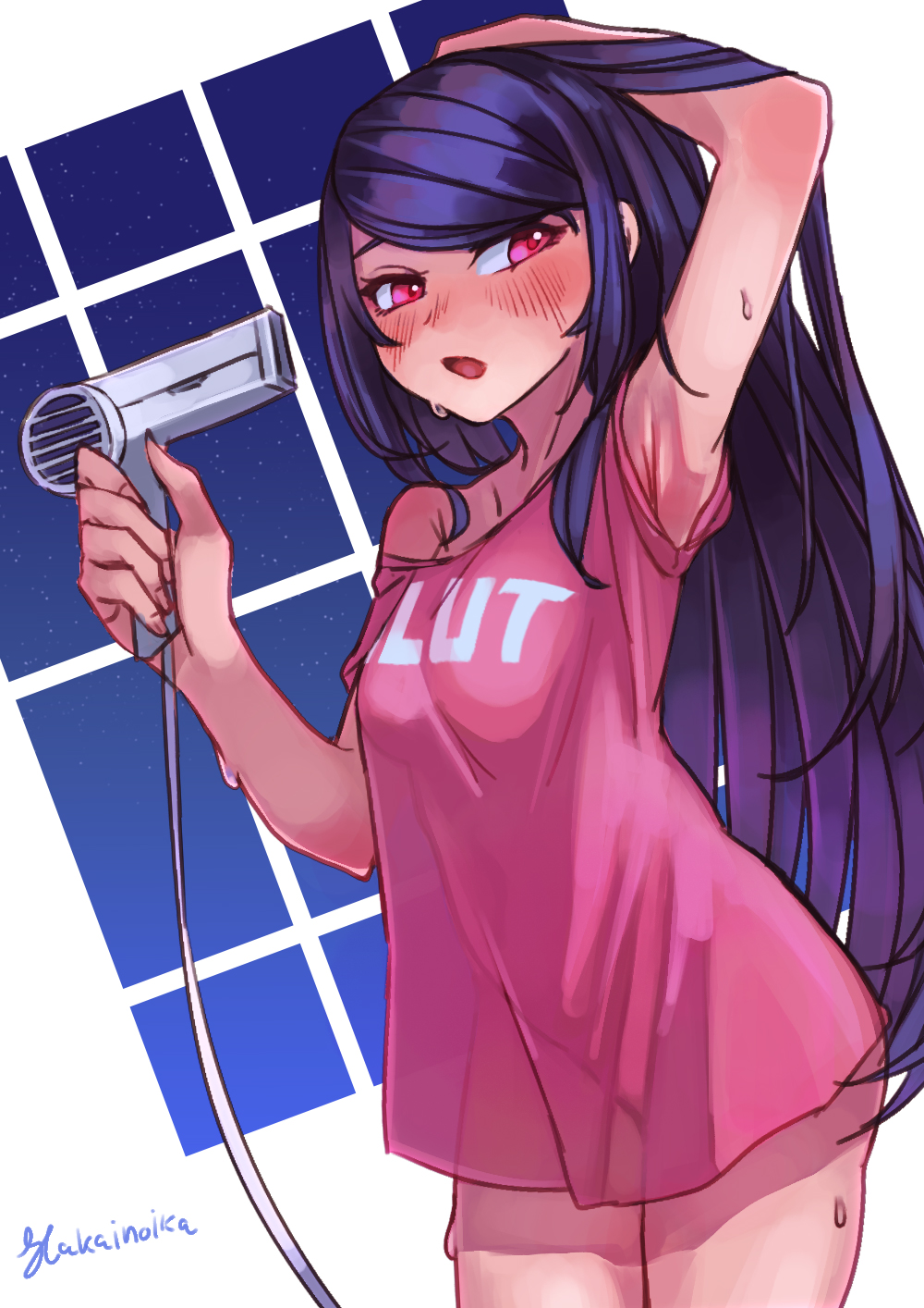 1girl adjusting_hair arm_above_head armpits artist_name black_hair blush breasts clothes_writing commentary hair_dryer hakai_no_ika highres jill_stingray long_hair looking_to_the_side medium_breasts night off_shoulder open_mouth pink_shirt red_eyes see-through see-through_shirt shirt signature sky slut_shirt solo standing star_(sky) starry_sky va-11_hall-a wet window