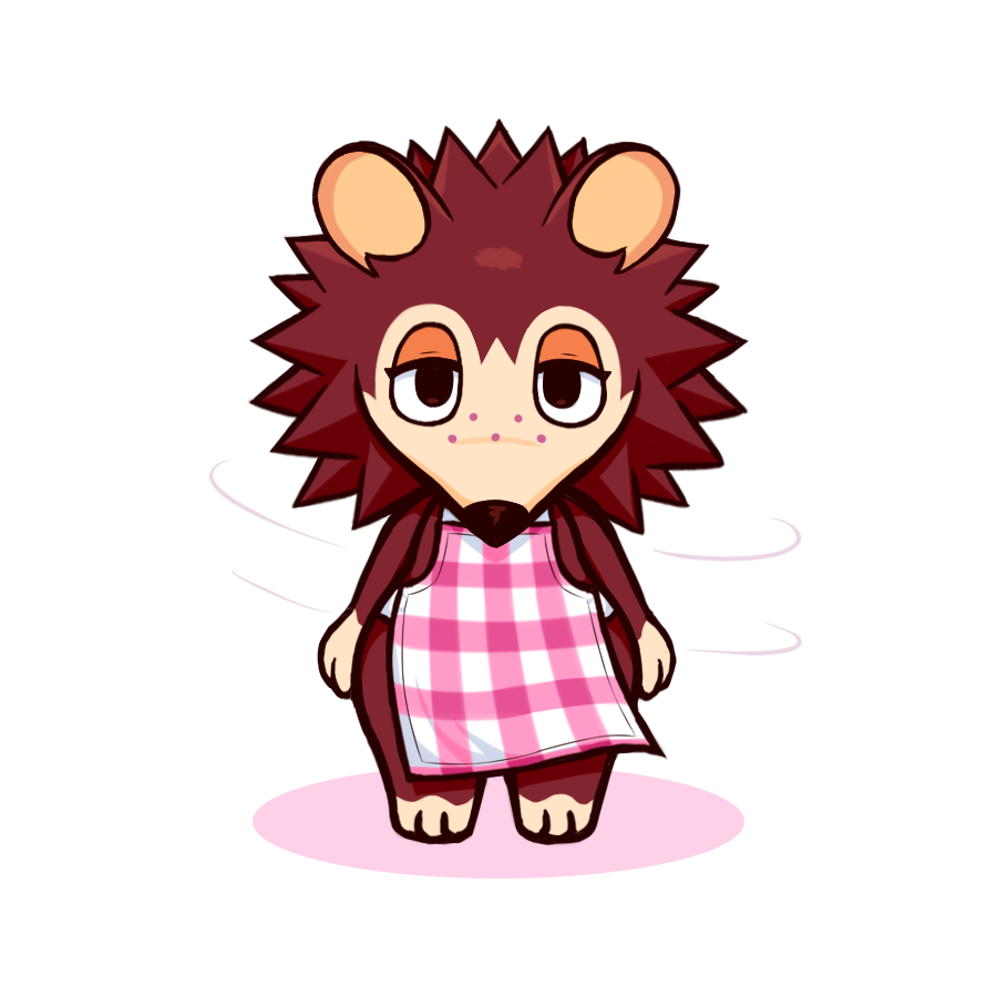 2020 animal_crossing apron apron_only brown_body clothing eulipotyphlan guywiththepie hedgehog lidded_eyes looking_at_viewer mammal mostly_nude nintendo sable_able simple_background video_games white_background