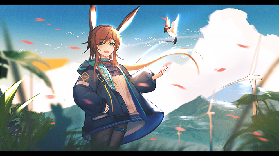 1girl :d amiya_(arknights) animal animal_ears arknights ascot bird black_jacket black_pantyhose blue_ascot blue_collar blue_eyes blue_sky brown_hair cloud cloudy_sky collar cowboy_shot day hand_in_pocket jacket jewelry leaf letterboxed long_hair looking_at_viewer mountain neck_ring oldercat open_clothes open_hand open_jacket open_mouth outdoors pantyhose rabbit rabbit_ears rabbit_girl shirt sidelocks sky smile solo teeth thigh_ring upper_teeth very_long_hair white_shirt windmill
