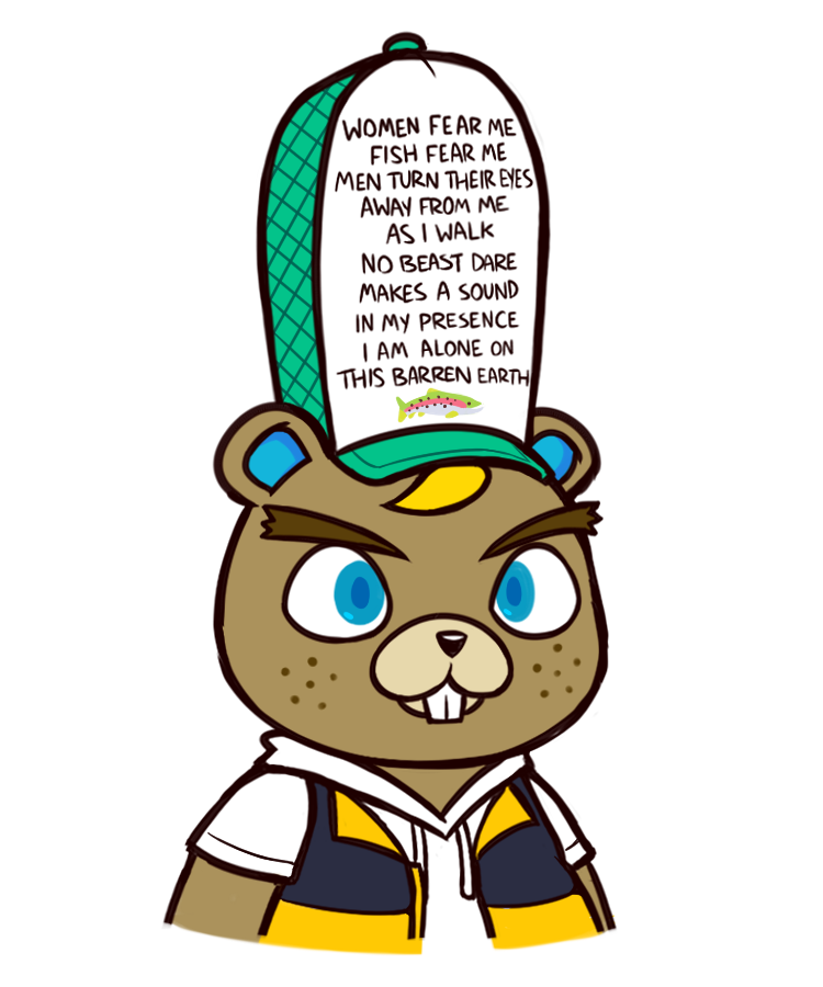 2020 animal_crossing anthro beaver blonde_hair brown_body buckteeth bust_portrait c.j._(animal_crossing) clothing english_text guywiththepie hair hat headgear headwear male mammal meme meme_clothing nintendo portrait rodent shirt simple_background solo teeth text text_on_clothing text_on_hat text_on_headwear topwear trucker_hat video_games white_background women_want_me_fish_fear_me