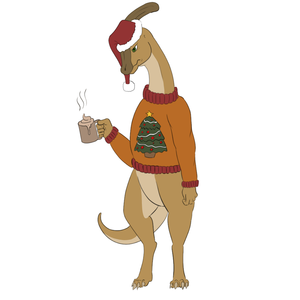 ambiguous_gender anthro christmas christmas_clothing christmas_headwear christmas_tree clothing cocoa_(drink) dinosaur grumpy hadrosaurid hat headgear headwear holidays mug ornithischian parasaurolophus plant reptile santa_hat scalie solo solo_focus standing tiny_terrible tree ugly_sweater zirilon