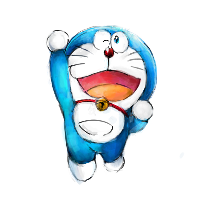 1:1 2018 anthro bell blue_body blue_fur collar domestic_cat doraemon doraemon_(character) felid feline felis front_view fur jumping machine male mammal mt_tg one_eye_closed open_mouth pouch_(anatomy) raised_arm red_collar red_nose robot shaded simple_background solo tongue whiskers white_background white_body white_fur