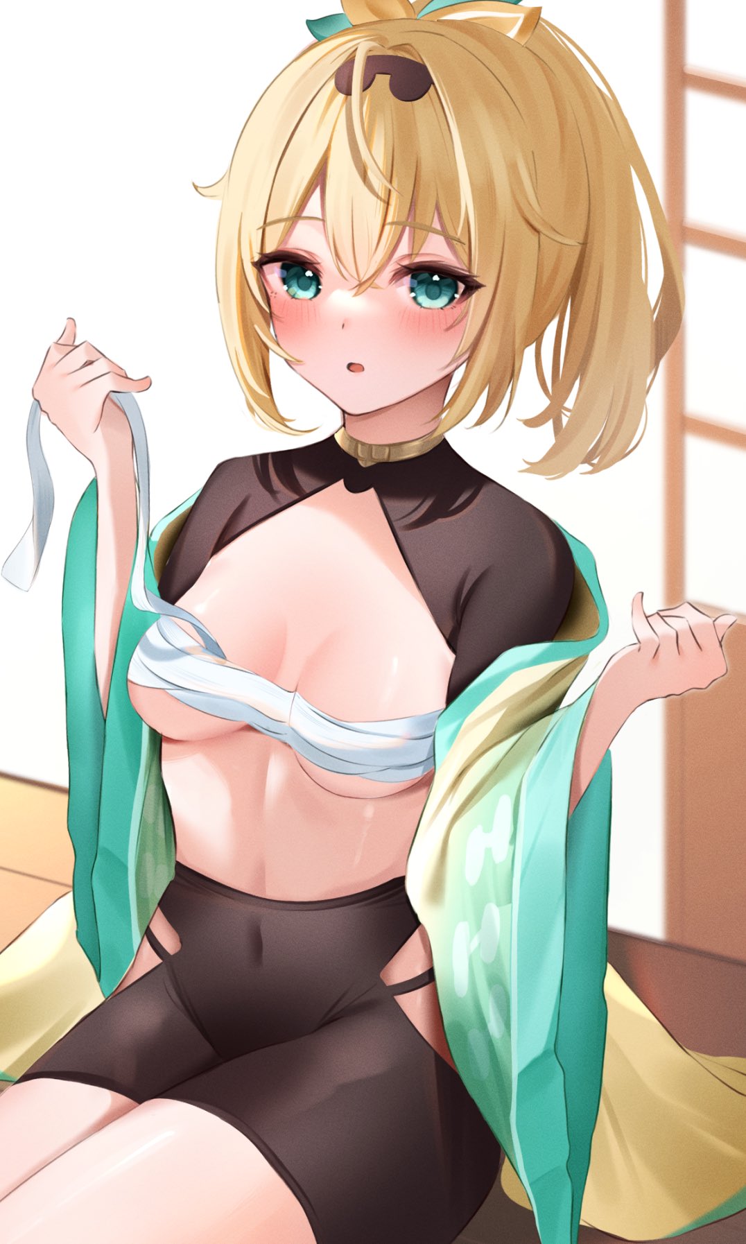 1girl aqua_eyes blonde_hair blush breasts brown_shorts chest_sarashi cowboy_shot hands_up highres hip_vent holding hololive indoors kazama_iroha long_hair looking_at_viewer medium_breasts mikumineko open_clothes parted_lips ponytail sarashi sarashi_pull short_shorts shorts shrug_(clothing) sitting solo thighs underboob undressing virtual_youtuber wide_sleeves