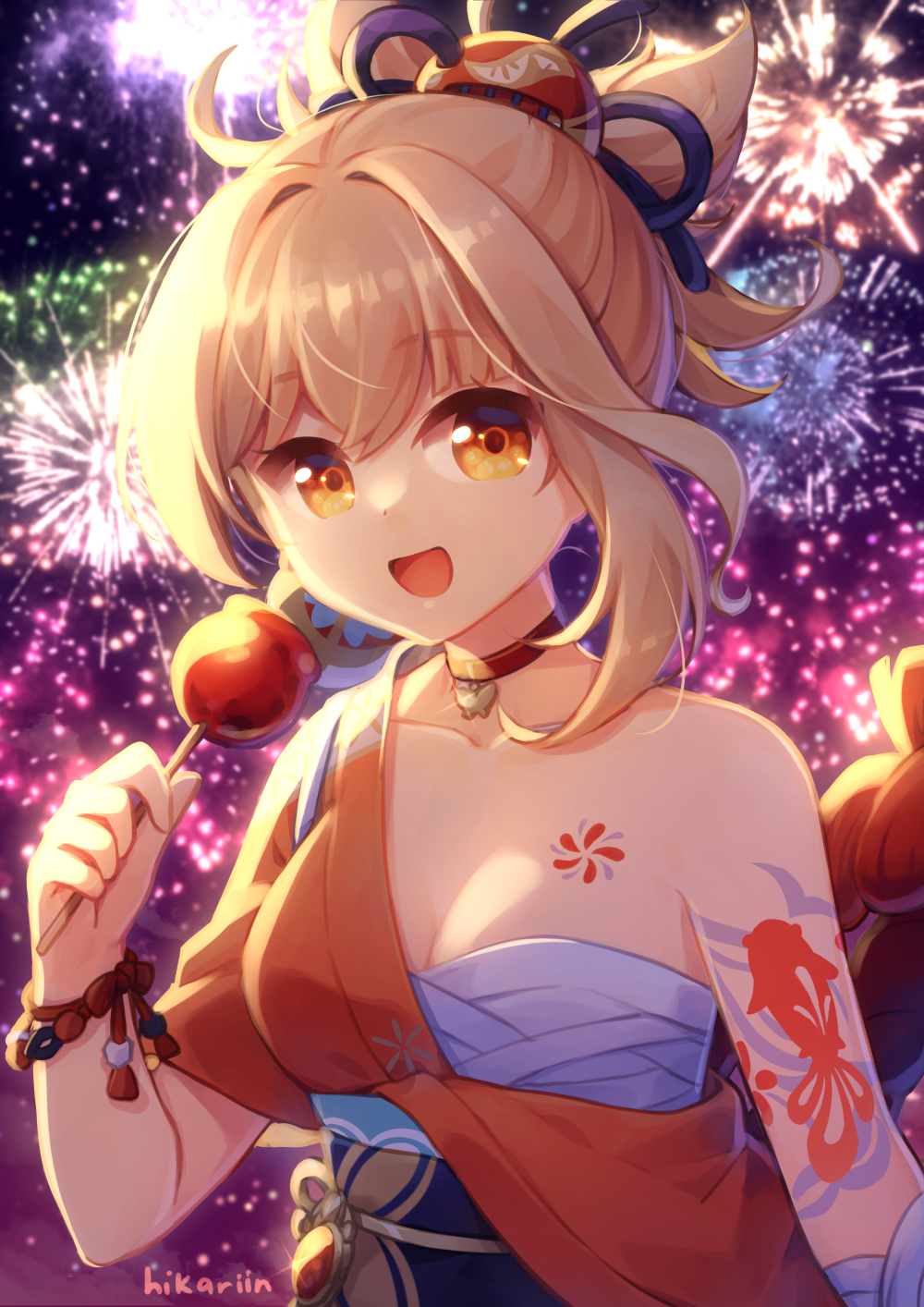 1girl :d aerial_fireworks arm_tattoo backlighting bangs blurry breasts candy candy_apple chest_tattoo choker cleavage commentary depth_of_field english_commentary fireworks food genshin_impact hadanugi_dousa hair_between_eyes highres hikariin25 holding holding_candy holding_food japanese_clothes light_brown_hair long_hair looking_at_viewer night night_sky obi obiage orange_eyes ponytail rope sarashi sash shimenawa sidelocks sky smile solo tattoo vision_(genshin_impact) yoimiya_(genshin_impact)