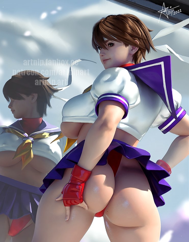 1girl 2022 alternate_breast_size artist_name artnip ass ass_grab ass_support bangs blurry blurry_background breasts brown_eyes brown_hair closed_mouth cloud cloudy_sky covered_nipples cowboy_shot crop_top curvy english_commentary fingerless_gloves from_behind gloves grabbing_own_ass headband kasugano_sakura large_breasts looking_at_viewer looking_back midriff miniskirt neckerchief panties pantyshot pleated_skirt puffy_short_sleeves puffy_sleeves purple_sailor_collar purple_skirt red_gloves red_panties reflection sailor_collar school_uniform serafuku shiny shiny_skin short_hair short_sleeves signature skindentation skirt sky smile solo street_fighter thick_thighs thighs thong turtleneck underboob underskirt underwear web_address white_headband wide_hips wind wind_lift yellow_neckerchief
