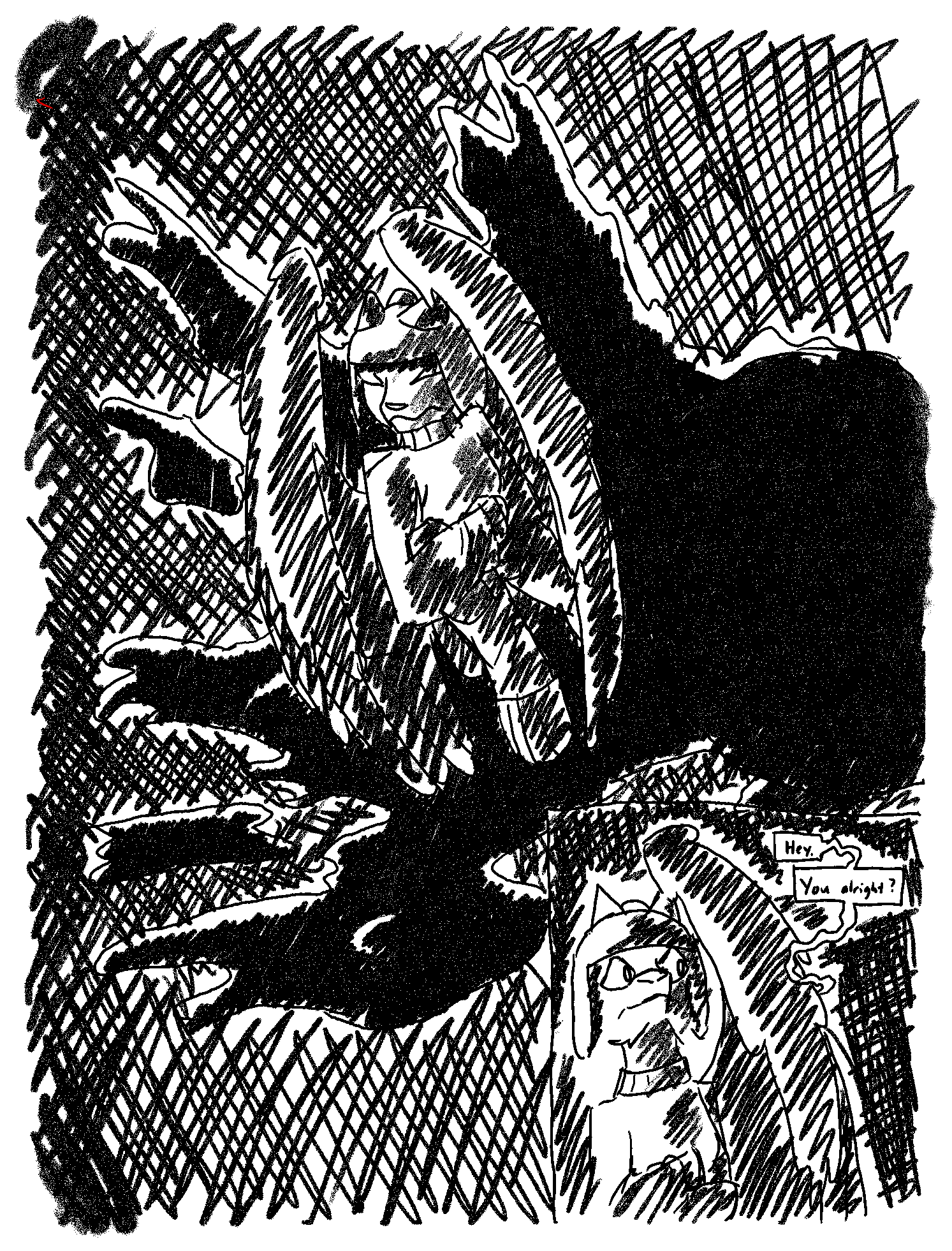 a_story_with_a_known_end anthro blood blood_splatter bodily_fluids clothing comic cross-hatching emsevell english_text eyes_closed feathered_wings feathers felid feline female hat hatching_(art) headgear headwear hi_res humanoid mammal shaded sitting speech_bubble sweater text topwear unseen_character webcomic winged_humanoid wings