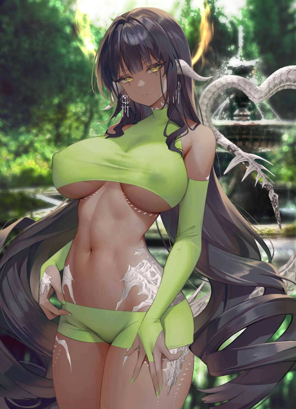 1girl \||/ au_ra avatar_(ff14) black_hair blurry blurry_background breasts breasts_apart cowboy_shot dark-skinned_female dark_skin dragon_girl dragon_horns dragon_tail drill_hair english_commentary final_fantasy final_fantasy_xiv green_nails highres horns large_breasts long_hair looking_at_viewer nail_polish nipples no_bra outdoors scales skin_tight solo tail twin_drills twintails very_long_hair whois yellow_eyes