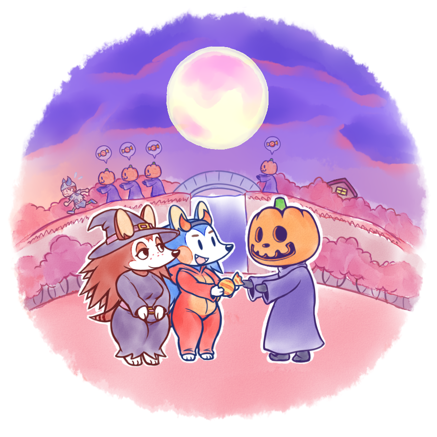 2022 ambiguous_gender animal_crossing anthro blue_body blue_clothing blue_robe bridge brown_body brown_hair building candy clothing cosplay dessert eye_contact female food guywiththepie hair house human jack_(animal_crossing) looking_at_another mabel_able male mammal moon nintendo purple_body robe running sable_able sibling sister sisters smile speech_bubble video_games witch_costume