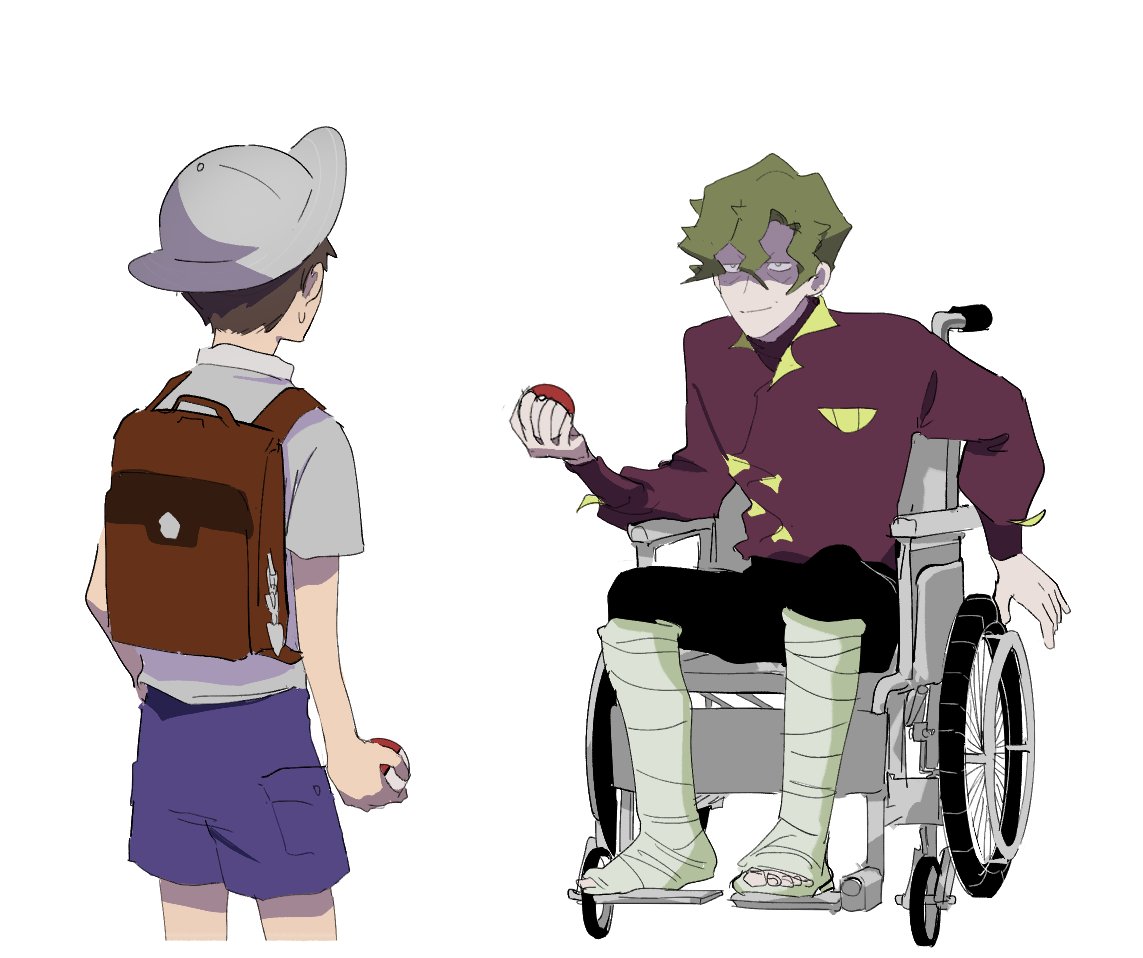 2boys backpack bag brassius_(pokemon) broken_leg cast florian_(pokemon) green_hair injury male_focus miummimimi multiple_boys poke_ball poke_ball_(basic) pokemon pokemon_(game) pokemon_sv school_uniform shaded_face simple_background uva_academy_uniform wheelchair white_background