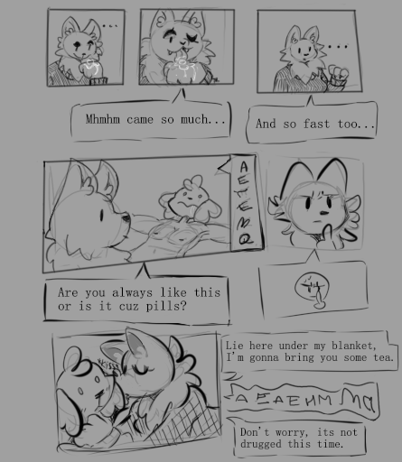 anthro bodily_fluids canid canine canis comic cum cum_in_mouth cum_inside dialogue dialogue_box dialogue_speech_bubble dog_boy(mevka) domestic_dog drinking drinking_cum drugged female fox fox_girl(mevka) genital_fluids goth hand_lick kissing kissing_cheek male male/female mammal mevka_(artist) shirtless shirtless_male size_difference substance_intoxication
