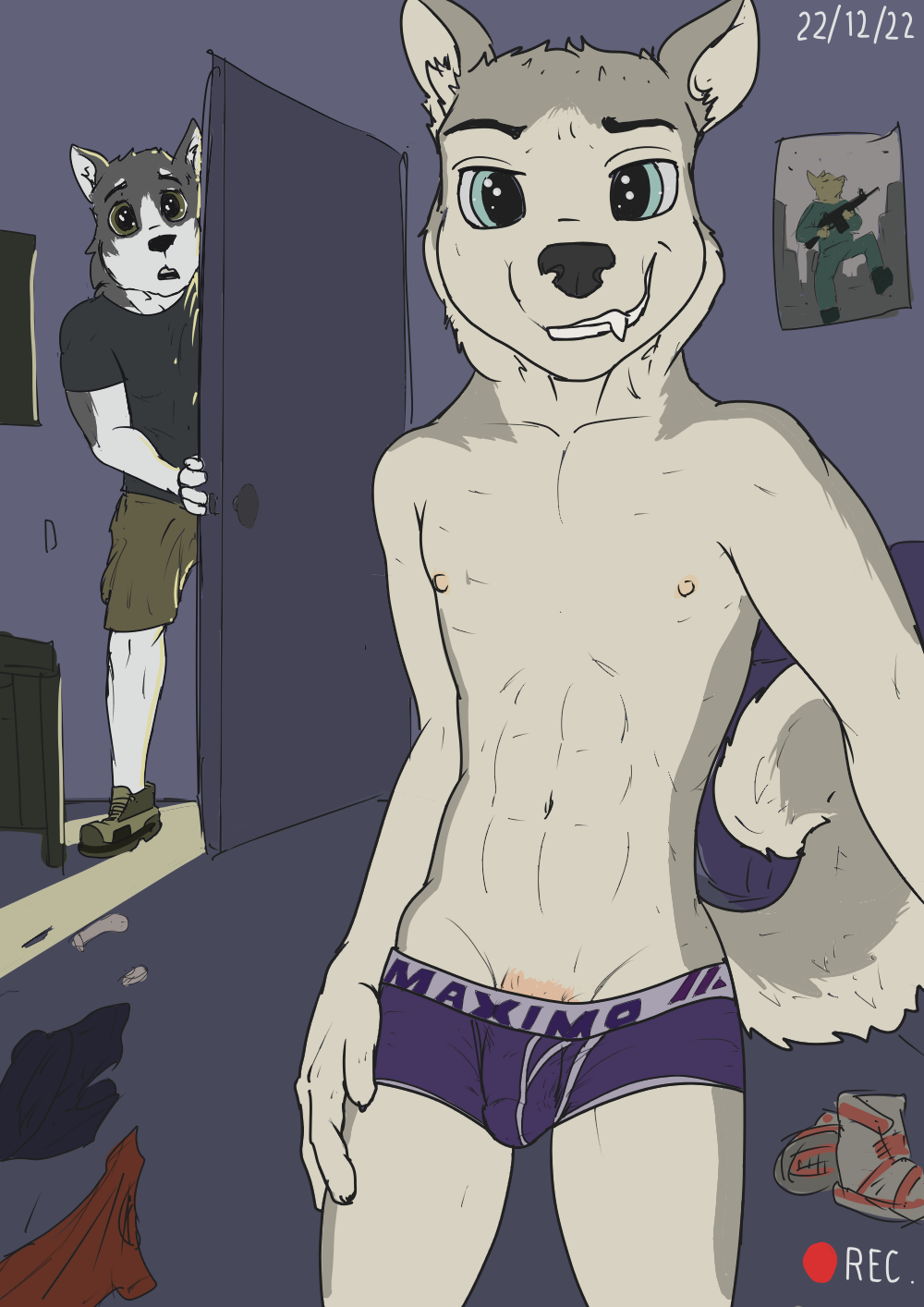 age_difference alaskan_malamute anthro blue_eyes boxer_briefs canid canine canis clothing domestic_dog duo floor hi_res inside intruder looking_at_viewer male male/male mammal nordic_sled_dog poster size_difference slim smaller_male solo spitz underwear wolfyalex96 younger_male