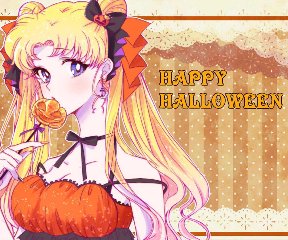 1girl bangs bare_shoulders bishoujo_senshi_sailor_moon black_bow black_choker blonde_hair blue_eyes bow breasts candy choker cleavage cross cross_earrings dabudabu double_bun earrings food hair_bow hair_bun hair_ornament half_updo halloween halloween_costume happy_halloween holding holding_candy holding_food holding_lollipop jack-o'-lantern jack-o'-lantern_hair_ornament jewelry lollipop long_hair medium_breasts multicolored_nails nail_polish orange_shirt parted_bangs pumpkin ribbon_choker shirt sidelocks solo strap_slip tsukino_usagi upper_body