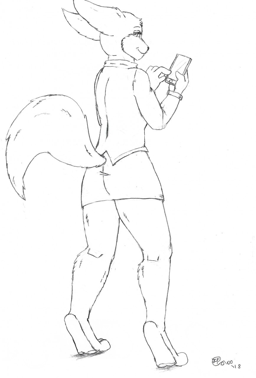 2018 aggressive_retsuko anthro barefoot bottomwear cellphone clothed clothing ears_back feet female fenneko fur half-closed_eyes hi_res holding_cellphone holding_object holding_phone jimfoxx looking_at_viewer looking_back mouth_closed narrowed_eyes phone pivoted_ears raised_tail rear_view sanrio shirt signature skirt smile smiling_at_viewer solo standing tiptoes topwear