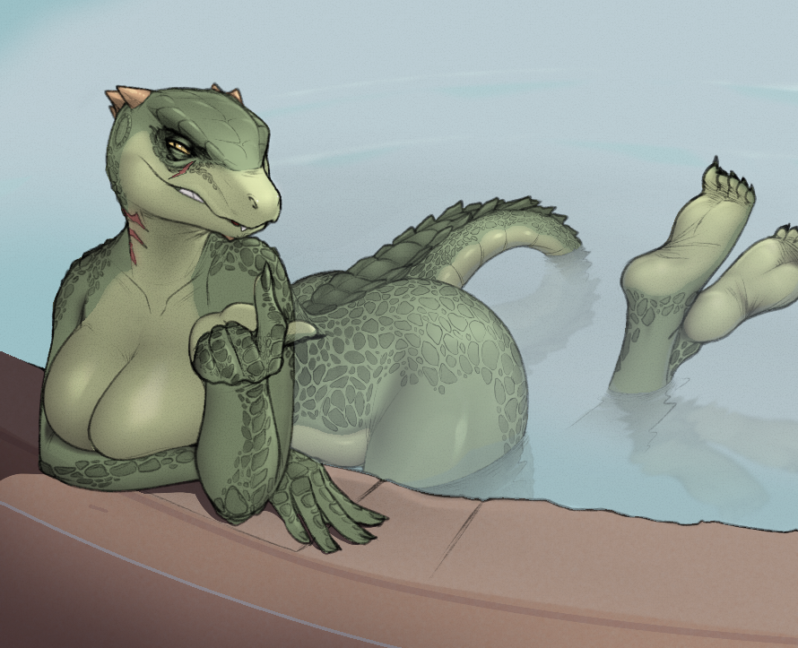 5_fingers anthro argonian arm_in_front arms_bent beckoning bent_legs bethesda_softworks big_breasts big_butt bluedraggy breasts butt calves_up claws cokesero covering covering_own_breasts covering_self crossed_ankles deeja feet feet_out_of_water female fingers gesture humanoid_feet inviting legs_in_water looking_at_viewer lying non-mammal_breasts nude on_front partially_submerged raised_calf scalie seductive smile soles solo swimming swimming_pool tail_in_water the_elder_scrolls toe_claws video_games water