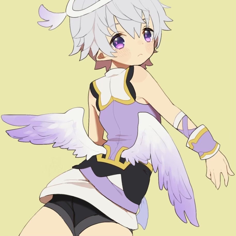 1boy angel angel_wings bare_shoulders black_shorts blush from_behind great_kichi hair_between_eyes halo low_wings luke_venus male_child mini_wings pointy_ears pop-up_story purple_eyes purple_shirt shirt short_hair short_shorts shorts simple_background sleeveless sleeveless_shirt solo st._feles_gakuen_uniform wings wrist_cuffs wrist_extended