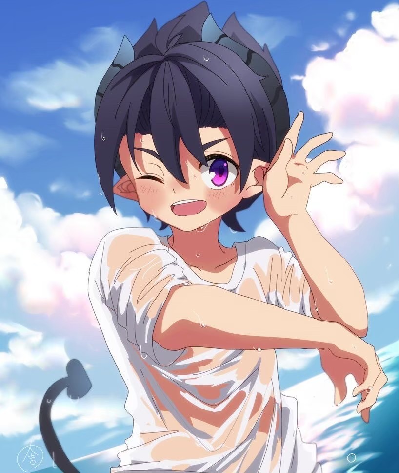 1boy bangs blue_sky cloud cloudy_sky collarbone demon_boy demon_tail great_kichi hair_between_eyes horns male_child one_eye_closed open_mouth pointy_ears pop-up_story purple_eyes shirt short_sleeves sky smile solo tail teeth upper_teeth wading wet wet_clothes wet_shirt white_shirt ziz_glover