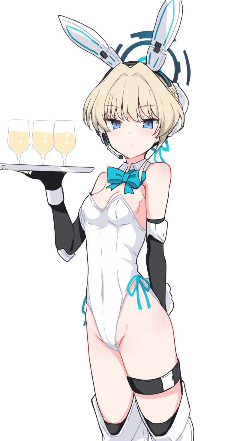 1girl animal_ears blonde_hair blue_archive blue_bow blue_bowtie blue_eyes bow bowtie cocktail_glass cowboy_shot cup detached_collar drinking_glass earpiece elbow_gloves fake_animal_ears gloves hair_bun hand_up highleg highleg_leotard highres holding holding_tray itamochi leotard playboy_bunny rabbit_ears standing strapless strapless_leotard thigh_strap toki_(blue_archive) tray white_background white_leotard
