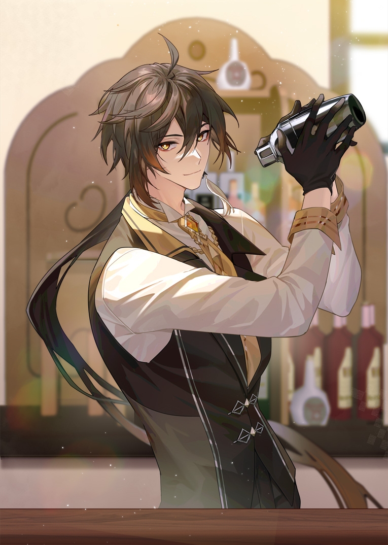 1boy ahoge alcohol bangs bar_(place) bartender black_gloves black_vest blurry blurry_background bottle brooch brown_eyes brown_hair closed_mouth cocktail_shaker collared_shirt commentary_request counter earrings floating_hair gem genshin_impact gloves hair_between_eyes hands_up indoors jewelry lens_flare light_particles long_hair long_sleeves looking_at_viewer low_ponytail male_focus necktie ponytail red_eyeliner shelf shirt sidelocks single_earring smile solo standing tassel tassel_earrings very_long_hair vest white_shirt window yellow_necktie yunifengxia zhongli_(genshin_impact)