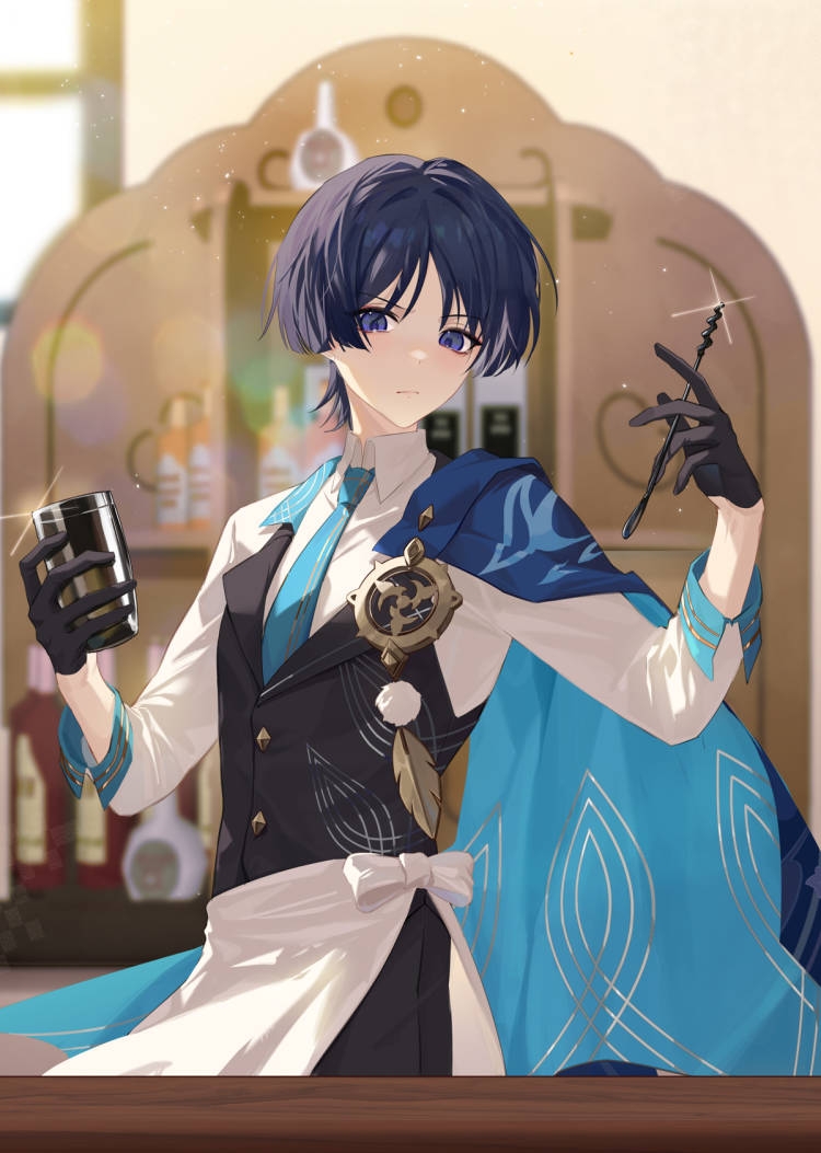 1boy alcohol alternate_costume apron aqua_necktie bangs bar_(place) bartender black_gloves black_hair blue_cape blunt_ends blurry blurry_background blush bottle bow cape closed_mouth collared_shirt commentary_request counter cup dress_shirt feathers frown genshin_impact glint gloves half_gloves hands_up holding holding_cup indoors light_particles long_sleeves looking_at_viewer male_focus necktie parted_bangs pom_pom_(clothes) purple_eyes scaramouche_(genshin_impact) shelf shirt short_hair sidelocks sleeve_cuffs solo standing two-sided_cape two-sided_fabric upper_body waist_apron wanderer_(genshin_impact) white_apron white_bow white_shirt window wing_collar yunifengxia