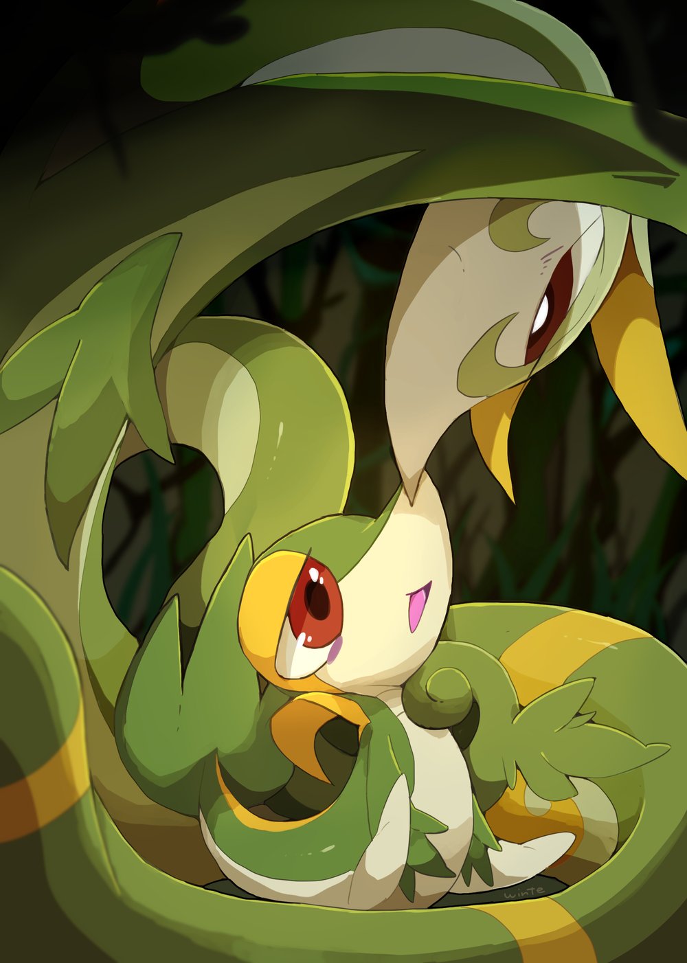 ambiguous_gender blush duo feral generation_5_pokemon grass hi_res nintendo open_mouth plant pokemon pokemon_(species) red_eyes scalie serperior smile snivy video_games winte