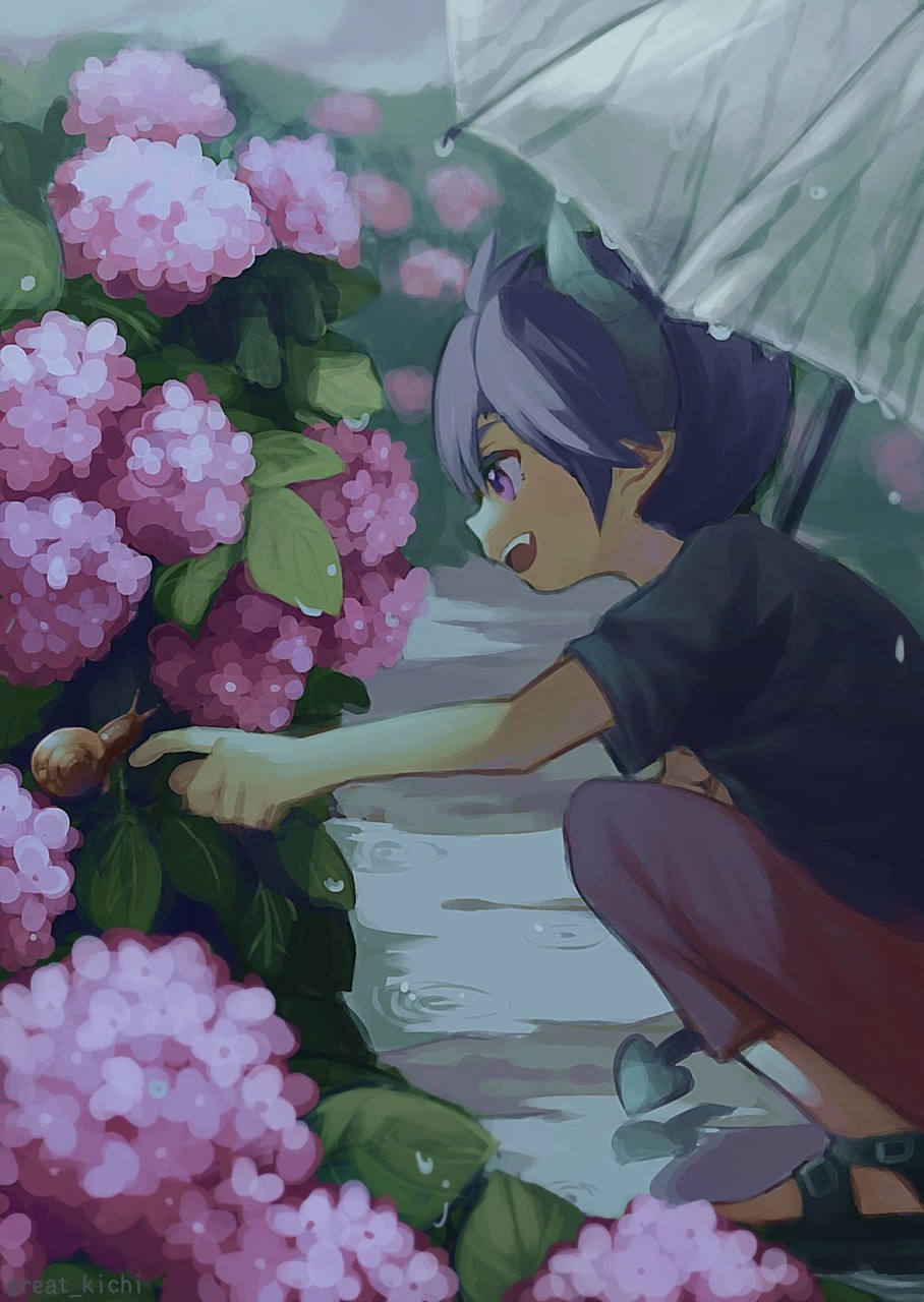 1boy black_shirt blue_hair demon_boy demon_tail flower great_kichi highres holding holding_umbrella horns index_finger_raised leaf male_child open_mouth outdoors pants pink_flower pointy_ears pop-up_story puddle purple_eyes rain red_pants sandals shirt short_sleeves snail solo squatting t-shirt tail transparent transparent_umbrella umbrella water_drop wrist_extended ziz_glover