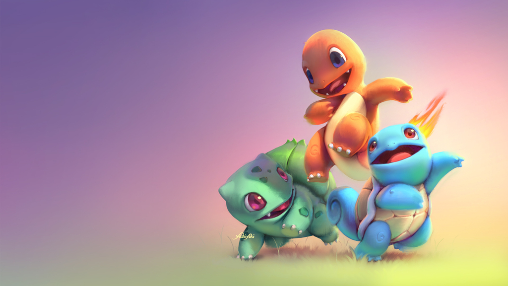 16:9 ambiguous_gender blue_body bulbasaur charmander feral fire generation_1_pokemon grass green_body group nintendo orange_body pink_eyes plant pokemon pokemon_(species) purple_eyes red_eyes squirtle trio video_games widescreen yoshiyaki