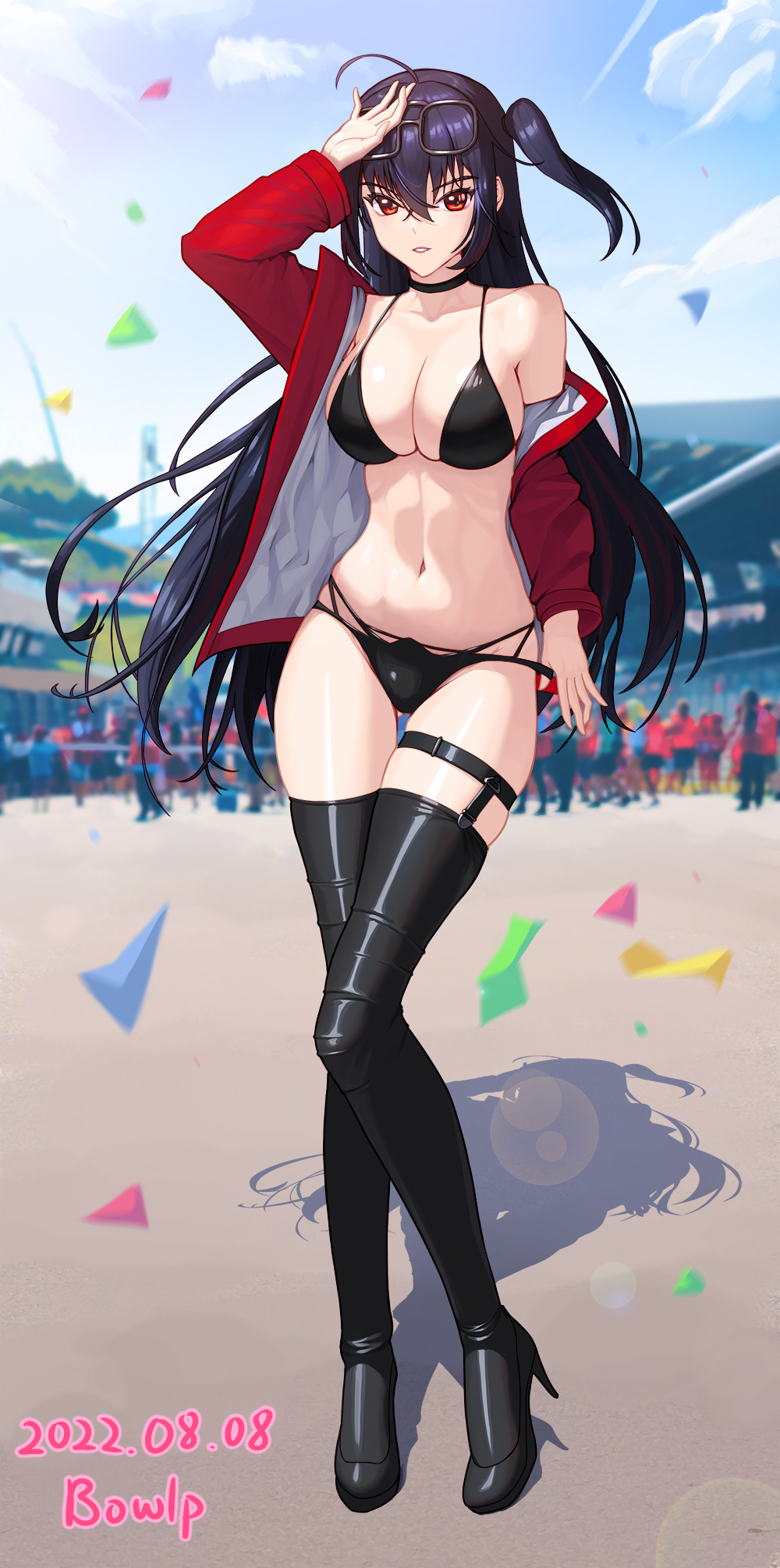 ahoge azur_lane bangs bikini black_bikini bowlp breasts cleavage crowd day hair_between_eyes hand_on_own_head highres jacket long_hair looking_at_viewer navel open_clothes open_jacket outdoors red_eyes red_jacket side_ponytail smile standing swimsuit taihou_(azur_lane) thighhighs thighs