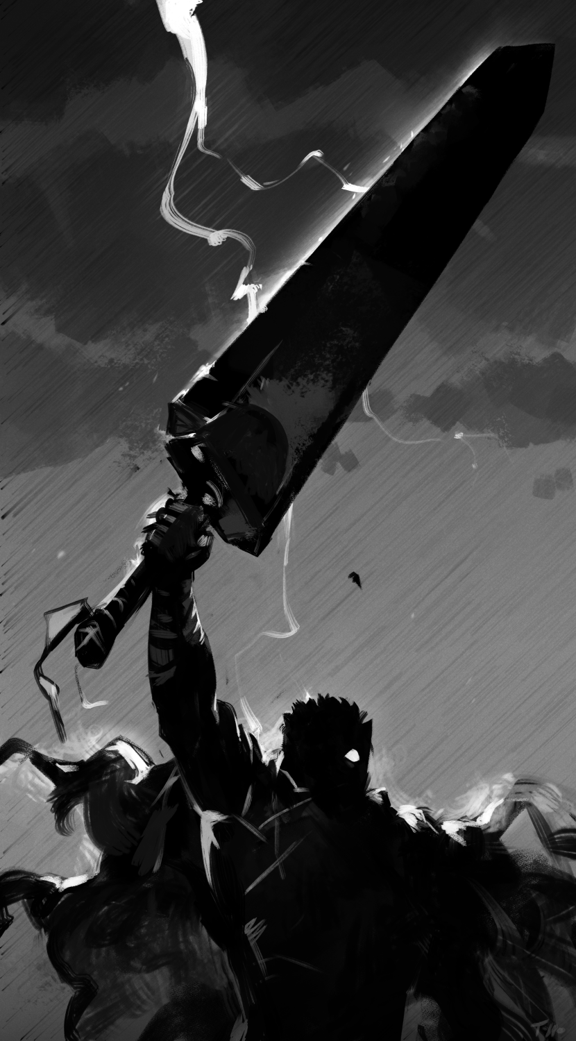 1boy arm_up berserk black_hair dragonslayer_(sword) greyscale guts_(berserk) highres holding holding_sword holding_weapon huge_weapon lightning monochrome optionaltypo rain short_hair silhouette solo storm sword upper_body weapon