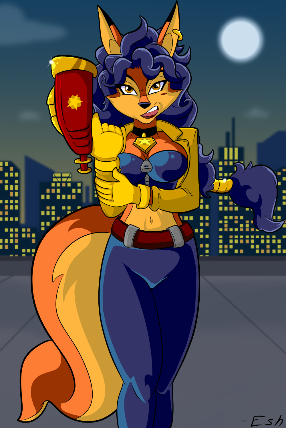 anthro belt blue_hair bottomwear breasts canid canine carmelita_fox cleavage clothed clothing collar corset eshbaal female fox fur gloves gun hair handwear hi_res holding_object jacket lingerie looking_at_viewer mammal moon night open_mouth orange_body orange_eyes orange_fur outside pants ranged_weapon sly_cooper_(series) solo sony_corporation sony_interactive_entertainment sucker_punch_productions topwear video_games weapon