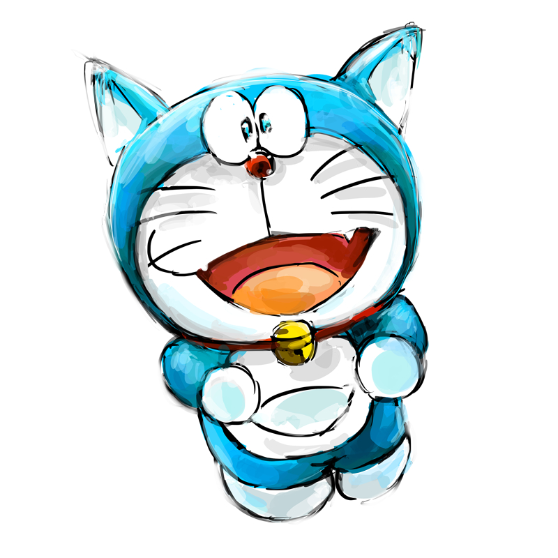 1:1 2017 anthro bell blue_body blue_fur collar domestic_cat doraemon doraemon_(character) ears_up fangs felid feline felis front_view fur looking_at_viewer machine male mammal mt_tg open_mouth pouch_(anatomy) red_collar red_nose robot shaded simple_background solo standing teeth tongue whiskers white_background white_body white_fur