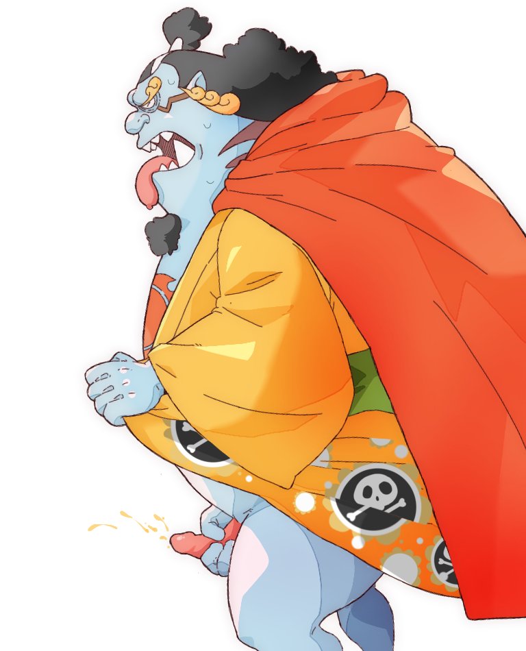 2022 belly big_belly blue_body bodily_fluids cum fish-men_(one_piece) genital_fluids genitals ginsingoo1 jinbe kemono male marine masturbation one_piece overweight overweight_male penis simple_background solo tongue tongue_out