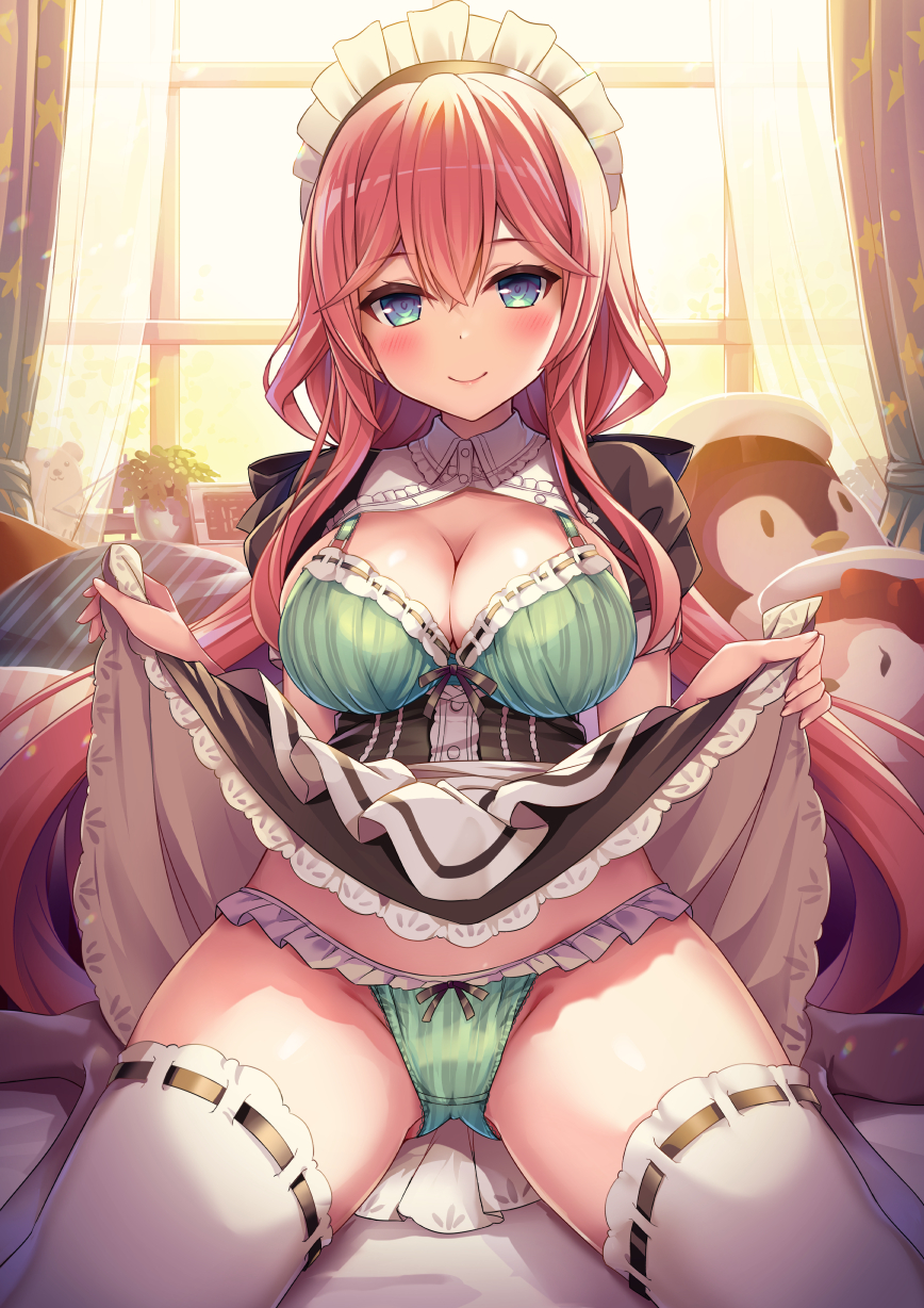 1girl apron bangs black_dress blue_eyes blush bra breasts cleavage clothes_lift commentary_request curtains dress dress_lift green_bra green_panties hair_between_eyes highres indoors lifted_by_self long_hair looking_at_viewer maid maid_apron maid_headdress medium_breasts original panties pink_hair sidelocks sitting smile solo stuffed_animal stuffed_toy thighhighs thighs twintails underwear very_long_hair waitress wariza white_thighhighs window yuuki_yuu