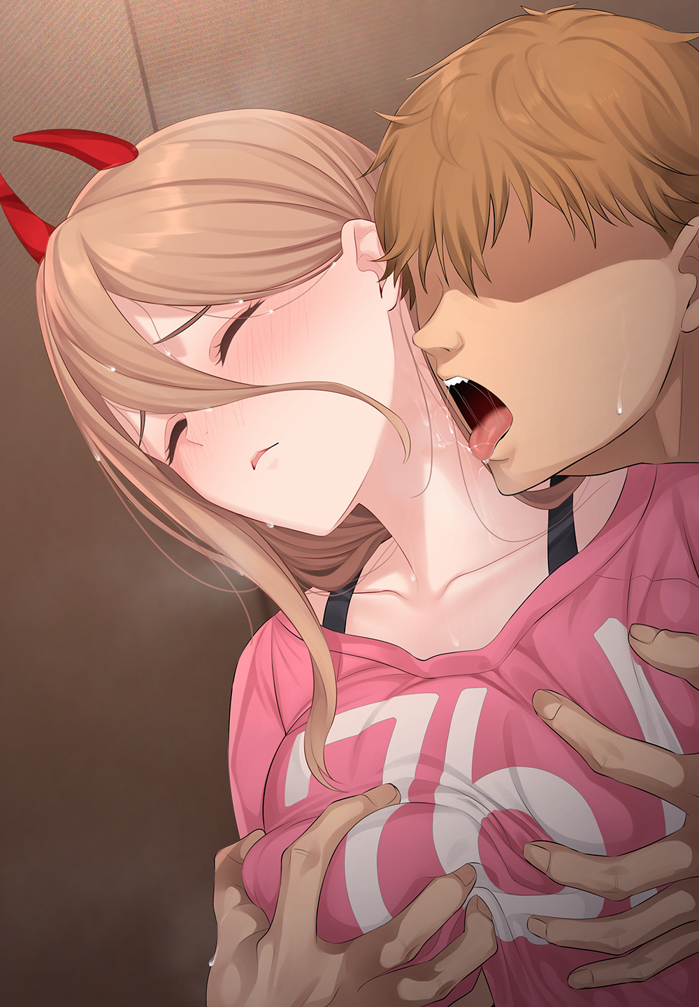 1boy 1girl blush bra_strap breast_grab breasts chainsaw_man closed_eyes collarbone commentary demon_horns denji_(chainsaw_man) english_commentary furrowed_brow grabbing grabbing_from_behind hair_between_eyes hetero highres horns jjanda licking licking_neck light_brown_hair long_hair medium_breasts no_eyes open_mouth paid_reward_available parted_lips pink_shirt power_(chainsaw_man) saliva sharp_teeth shirt short_hair solo_focus steaming_body sweat teeth tongue tongue_out upper_body