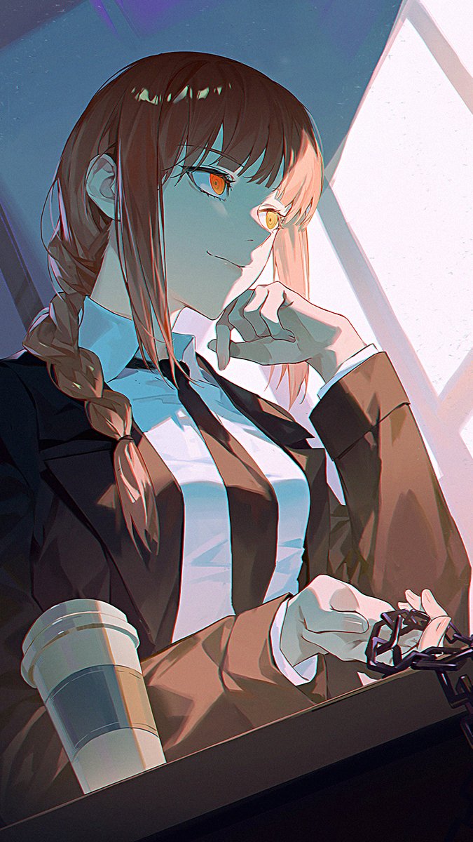 1girl black_jacket black_necktie braid braided_ponytail business_suit chain chainsaw_man closed_mouth collared_shirt commentary cup disposable_cup formal highres holding holding_chain jacket long_hair long_sleeves looking_afar makima_(chainsaw_man) necktie open_clothes open_jacket orange_eyes orange_hair shirt smile solo suit symbol-only_commentary upper_body white_shirt wing_collar xiaojiaju