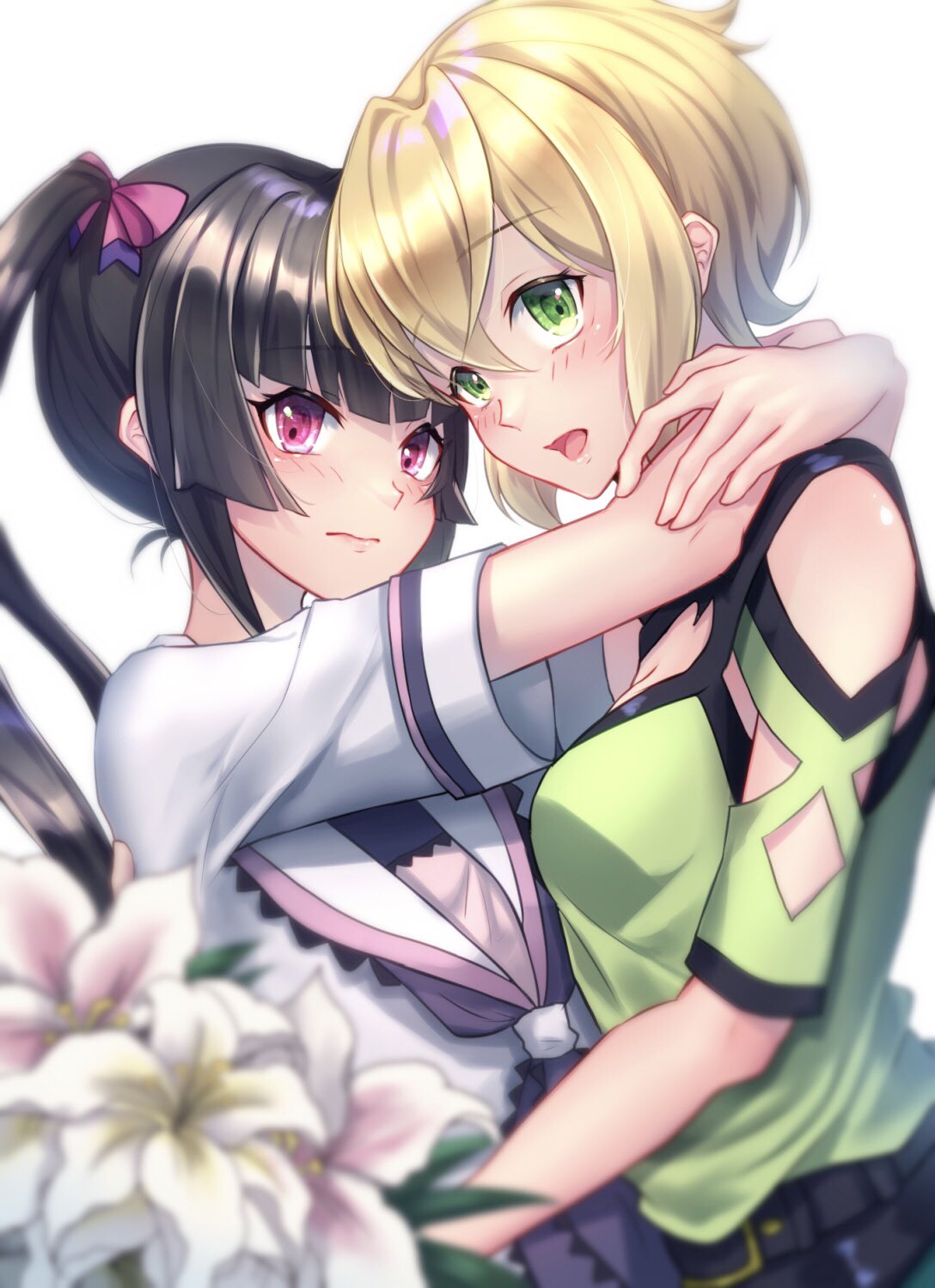 2girls akatsuki_kirika arms_around_neck arms_around_waist bangs black_hair blonde_hair blunt_bangs blurry blush bow breasts commentary_request cowboy_shot depth_of_field flower green_eyes hair_between_eyes highres lily_(flower) long_hair looking_at_viewer medium_breasts multiple_girls pink_bow pink_eyes poesapachi senki_zesshou_symphogear short_hair sidelocks smile tsukuyomi_shirabe twintails white_background yuri