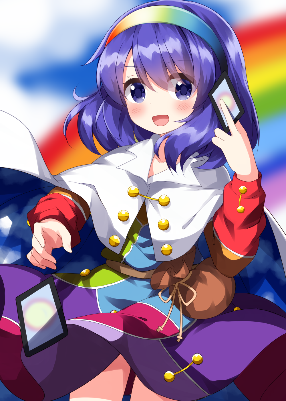 1girl ability_card_(touhou) bangs belt blue_cape blue_eyes blue_hair brown_bag brown_belt buttons cape card cloak cloud_print cowboy_shot dress hairband happy highres holding holding_card long_sleeves medium_hair multicolored_clothes multicolored_dress multicolored_hairband one-hour_drawing_challenge open_mouth patchwork_clothes purple_hair rainbow rainbow_gradient ruu_(tksymkw) sky_print solo tenkyuu_chimata touhou two-sided_cape two-sided_fabric two-tone_cape white_cape white_cloak zipper