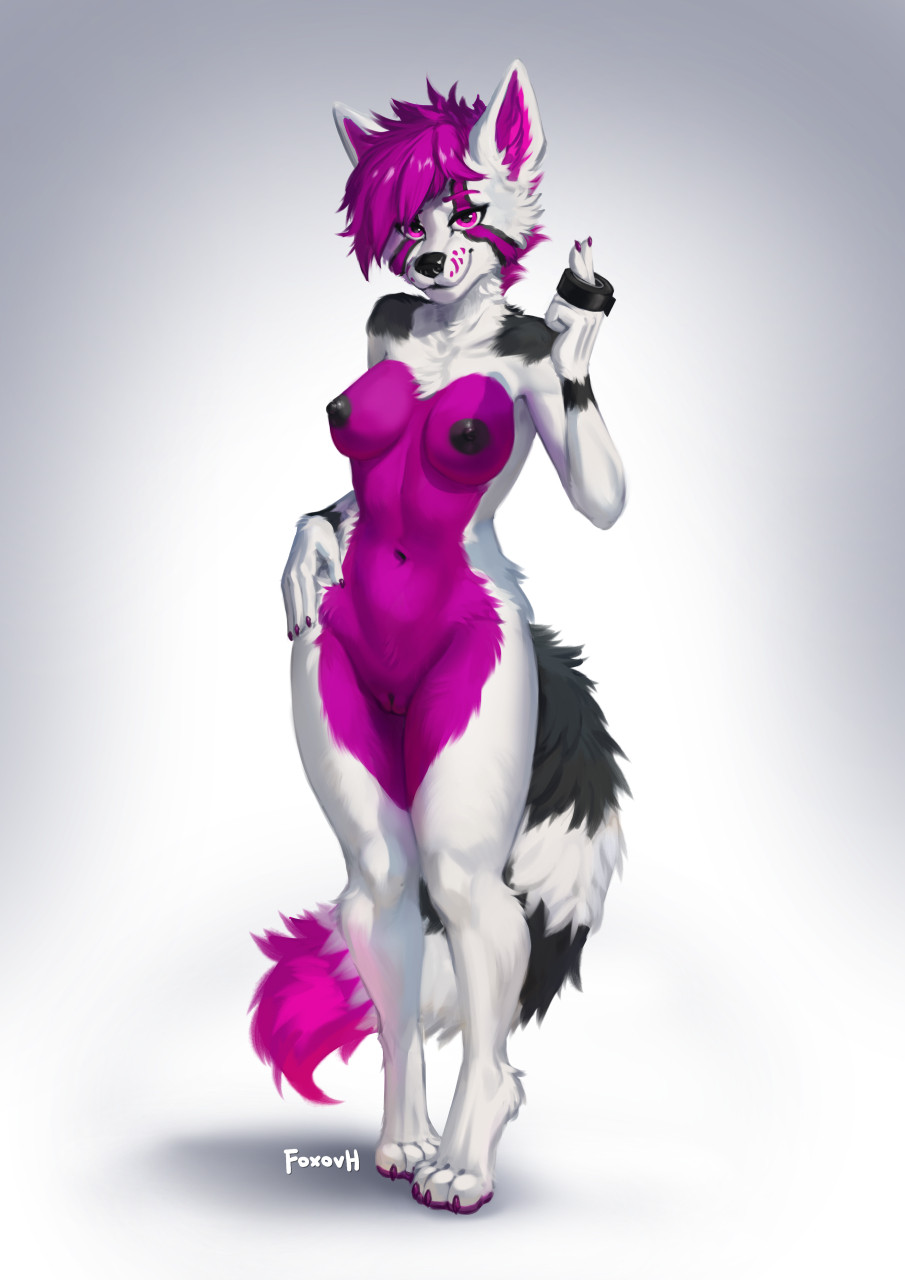 2022 anthro biped black_body black_fur breasts canid canine canis digital_media_(artwork) dipstick_tail female fluffy fluffy_tail foxovh fur genitals hair hi_res looking_at_viewer mammal markings multicolored_body multicolored_fur navel nipples pink_body pink_eyes pink_fur pink_hair pussy pussy_tape smile solo standing striped_markings striped_tail stripes tail_markings tape white_body white_fur wolf