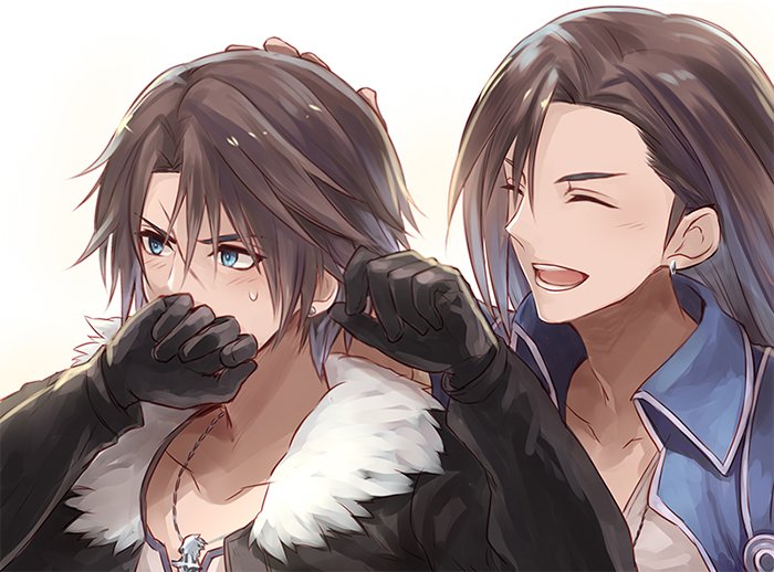 2boys bangs black_gloves black_jacket blue_eyes blue_jacket brown_hair chain_necklace closed_mouth earrings father_and_son final_fantasy final_fantasy_viii fur_collar gloves hand_on_another's_head jacket jewelry laguna_loire long_hair male_focus multiple_boys necklace open_mouth parted_bangs sasanomesi scar scar_on_face scar_on_forehead shirt short_hair single_earring smile squall_leonhart sweatdrop upper_body white_background white_shirt