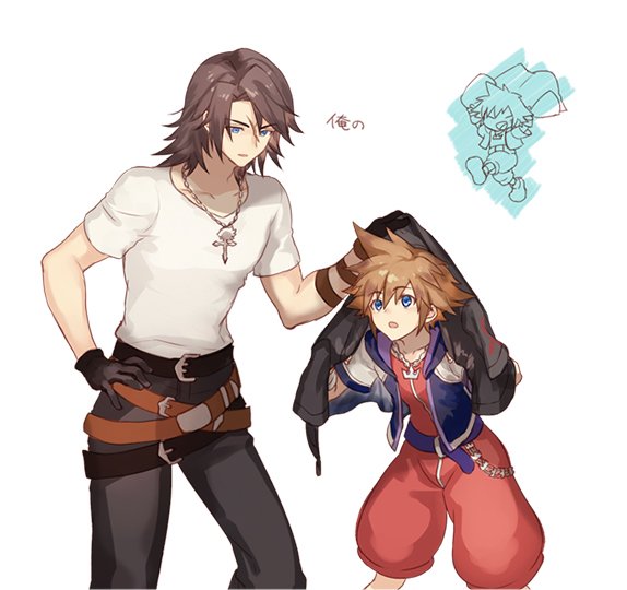 2boys bangs belt black_gloves black_pants blue_eyes chain_necklace cowboy_shot final_fantasy final_fantasy_viii gloves hair_between_eyes hand_on_hip hood hood_down hooded_jacket jacket jacket_on_head jewelry kingdom_hearts looking_at_another male_focus medium_hair multiple_belts multiple_boys necklace pants parted_bangs parted_lips puffy_shorts red_shirt red_shorts sasanomesi scar scar_on_face scar_on_forehead shirt short_hair short_sleeves shorts sora_(kingdom_hearts) spiked_hair squall_leonhart t-shirt white_background white_shirt