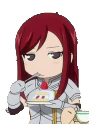 1girl blush brown_eyes cake chibi cup eating erza_scarlet fairy_tail female food fruit long_hair lowres red_hair solo strawberry