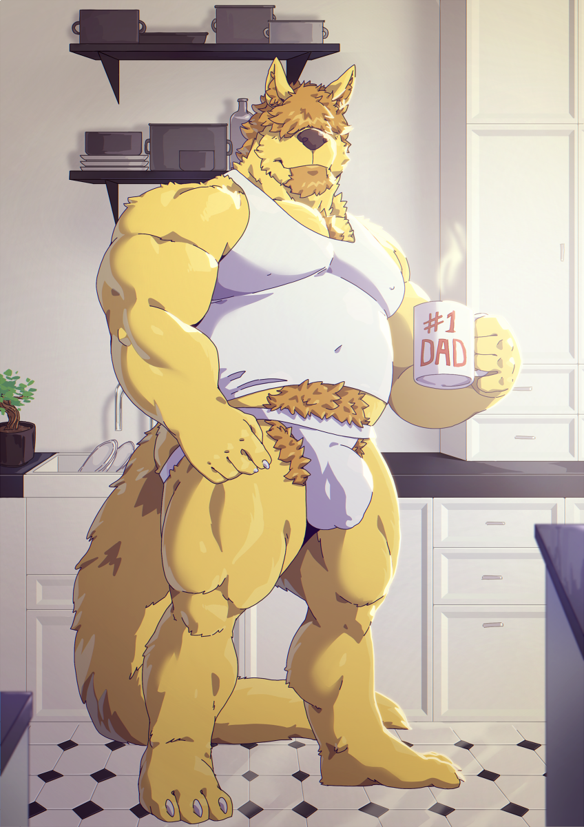 2018 anthro belly biceps bonsai bulge cabinet canid canine canis clothing coffee_mug domestic_dog facial_hair floor goatee hair hair_over_eyes hi_res holding_mug holding_object jockstrap kitchen kitchen_counter kitchen_utensils looking_at_viewer male mammal manly mature_male mug musclegut muscular muscular_arms muscular_legs muscular_thighs navel_outline nipple_outline pecs plant pubes shirt slightly_chubby solo standing steam tank_top taoren tile tile_floor tools topwear triceps underwear vic_(delirost) white_clothing white_jockstrap white_shirt white_tank_top white_topwear white_underwear