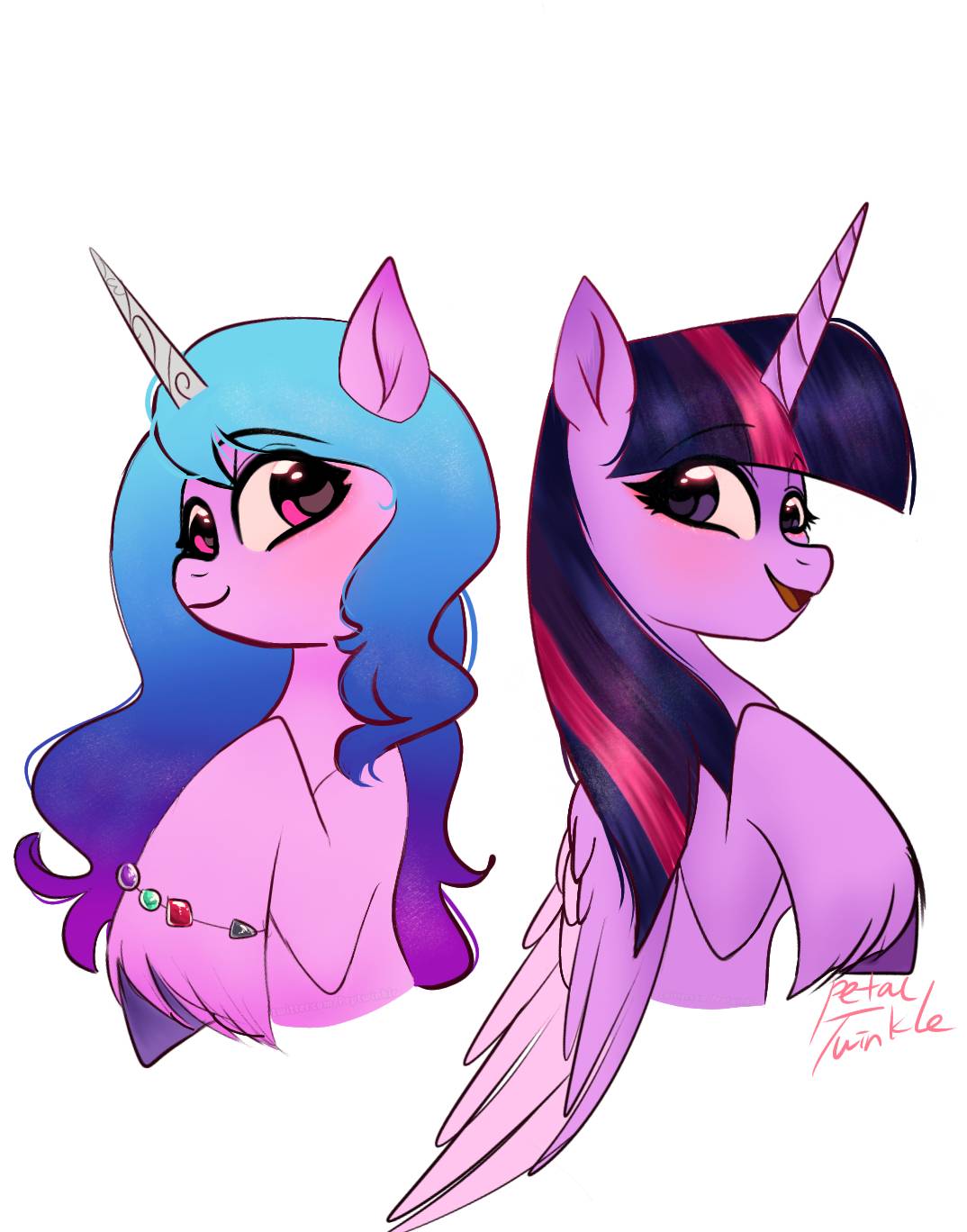 blue_hair bracelet digital_media_(artwork) duo equid equine eyelashes feathered_wings feathers female feral friendship_is_magic fur hair hasbro hi_res hooves horn izzy_moonbow_(mlp) jewelry long_hair mammal mlp_g5 my_little_pony petaltwinkle purple_body purple_feathers purple_fur purple_hair purple_hooves signature twilight_sparkle_(mlp) unicorn unicorn_horn winged_unicorn wings