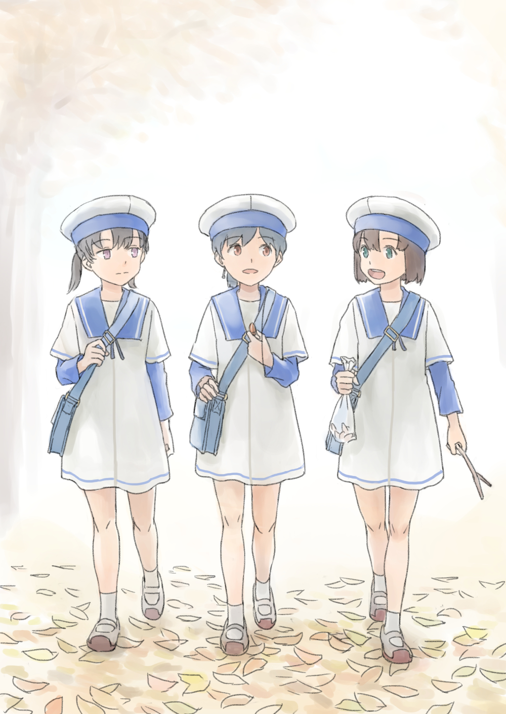 3girls bag black_hair blue_sailor_collar commentary_request daitou_(kancolle) day dress full_body hat hiburi_(kancolle) highres holding holding_stick kantai_collection layered_sleeves leaf long_sleeves multiple_girls outdoors ponytail sailor_collar sailor_dress sailor_hat short_hair shounan_(kancolle) socks standing stick taruya tree twintails walking white_dress white_headwear white_socks