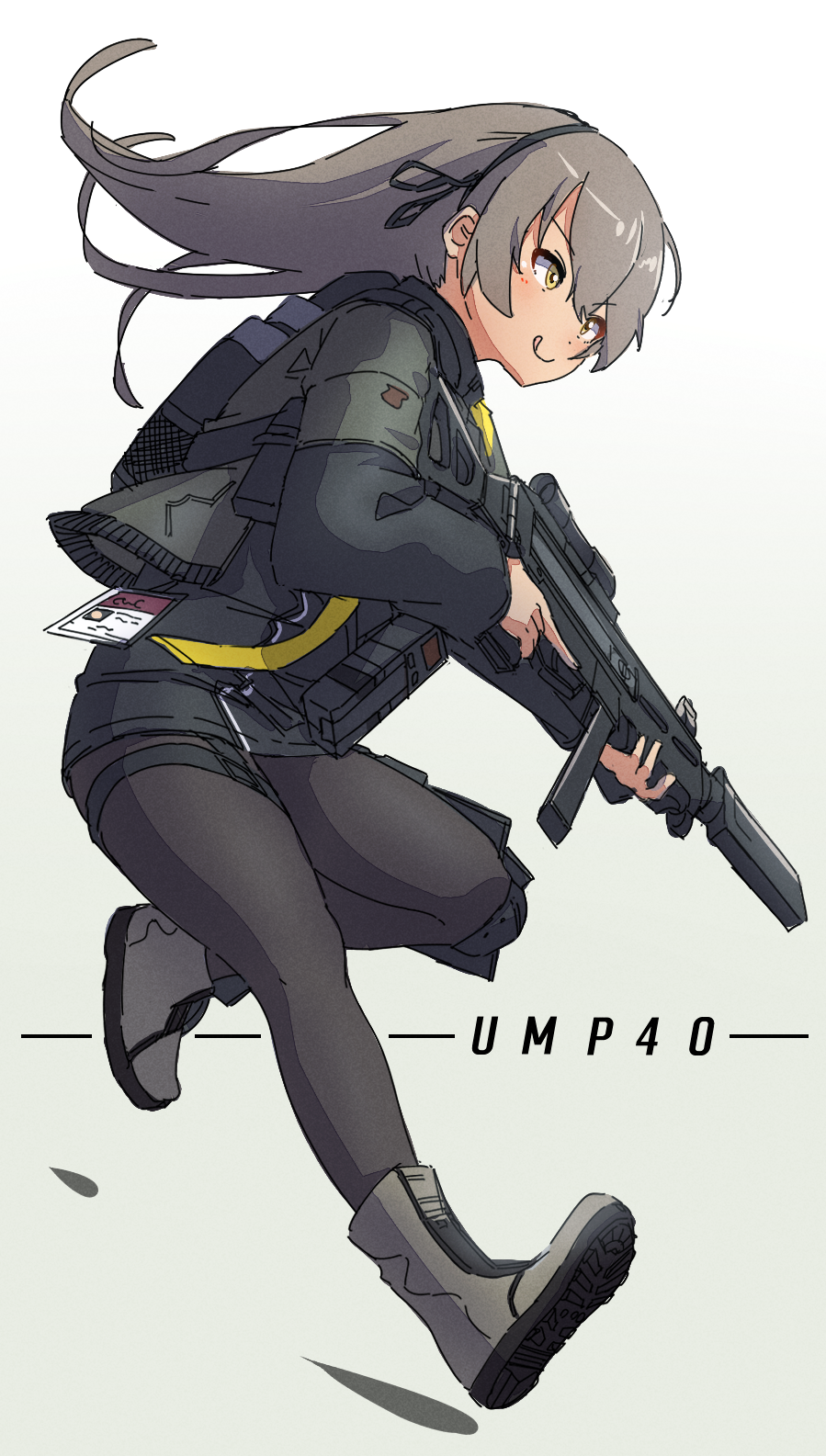 1girl :q bangs black_jacket black_pantyhose black_shorts black_skirt boots character_name closed_mouth commentary_request floating_hair full_body girls'_frontline gradient gradient_background grey_background grey_footwear grey_hair gun h&amp;k_ump40 hair_between_eyes highres holding holding_gun holding_weapon jacket kuro_kosyou long_hair long_sleeves looking_away name_connection object_namesake pantyhose running shoe_soles shorts skirt smile solo tongue tongue_out trigger_discipline ump40_(girls'_frontline) weapon white_background yellow_eyes